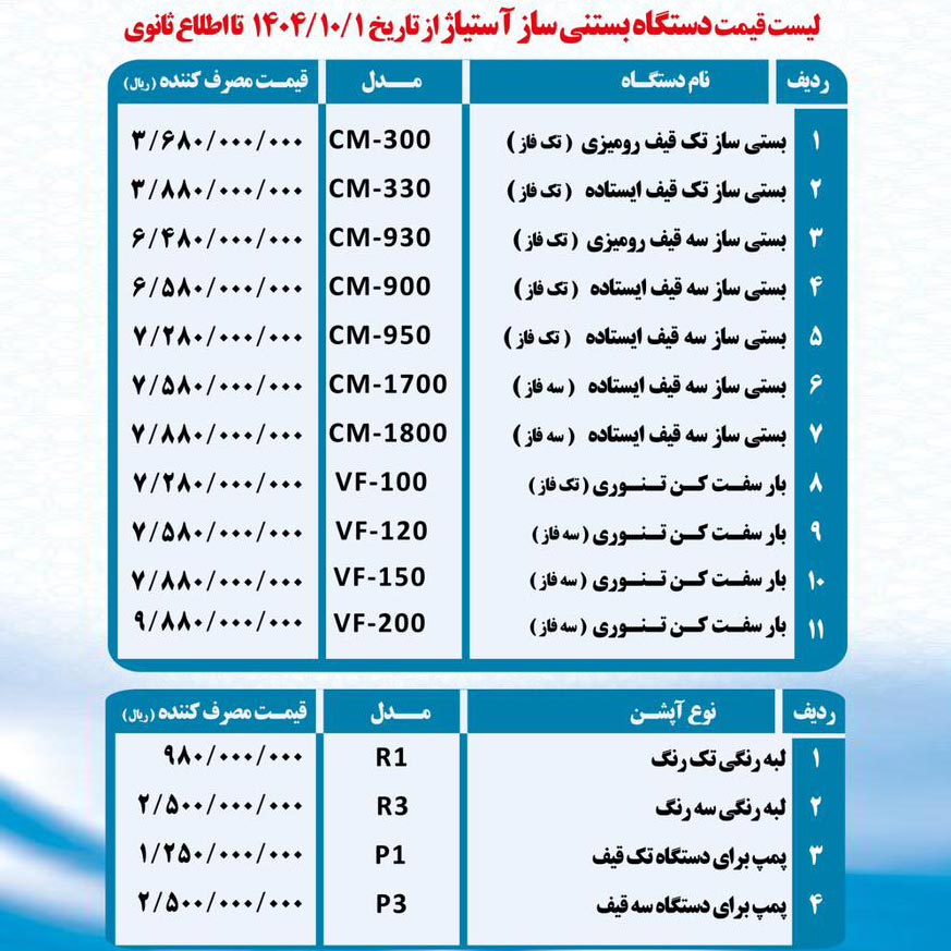 لیست قیمت دستگاه بستنی ساز آستیاژ ماه دی 1404