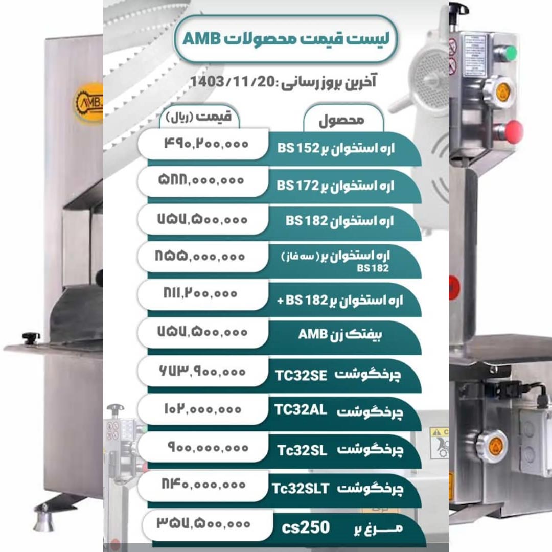 لیست قیمت 1403 AMB اره استخوان بر و چرخ گوشت ببفتک زن و مرغ بر
